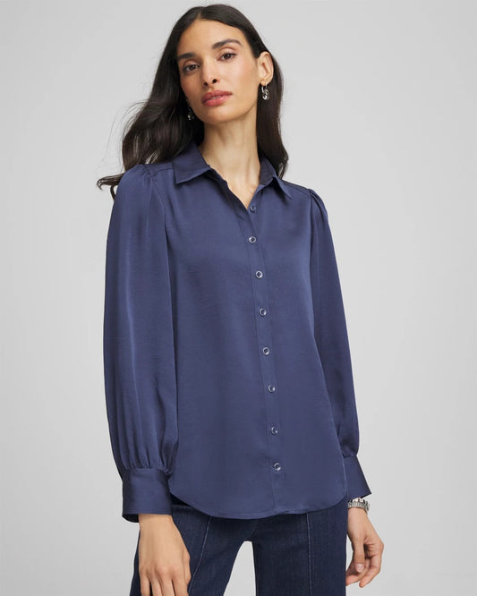Chico's Puff Sleeve Satin Blouse Indigo Sky