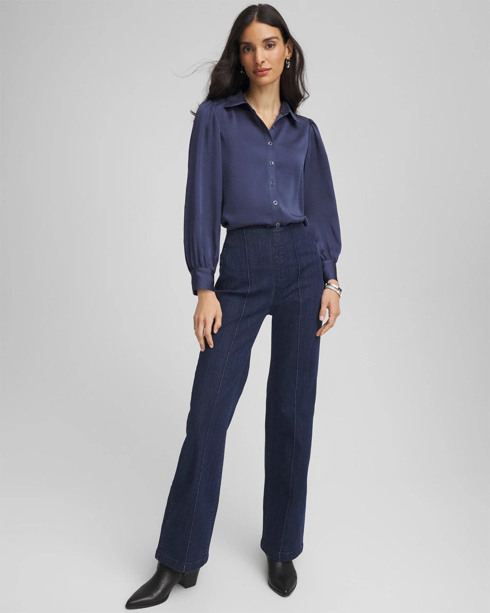 Chico's Puff Sleeve Satin Blouse Indigo Sky