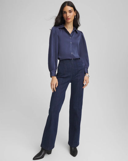 Chico's Puff Sleeve Satin Blouse Indigo Sky