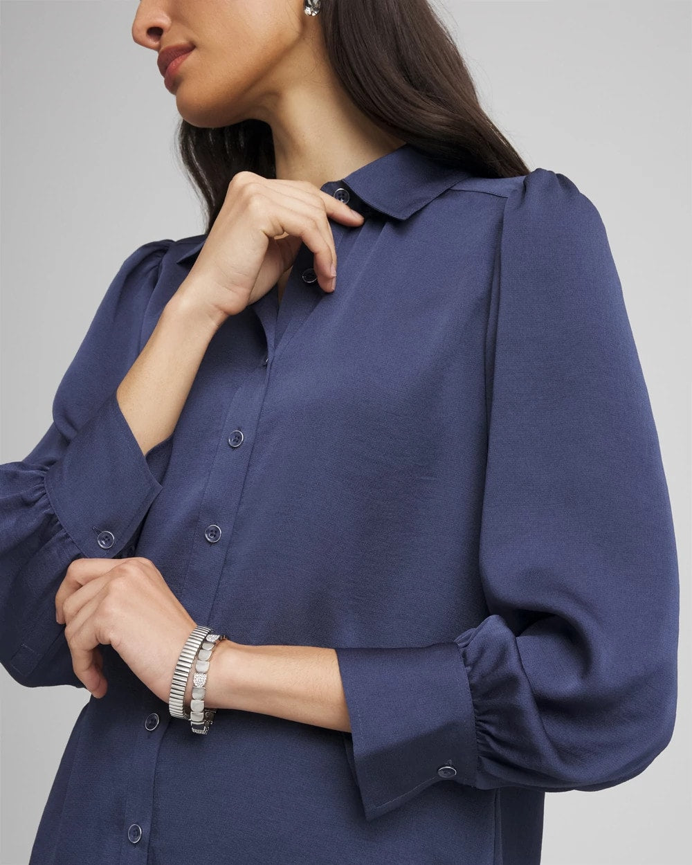 Chico's Puff Sleeve Satin Blouse Indigo Sky