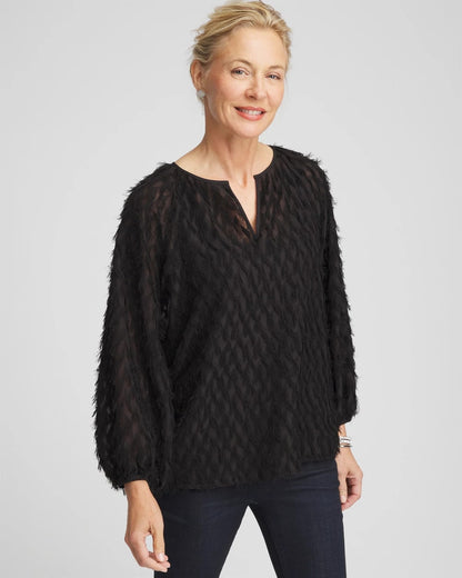 Chico's Feathered Pullover Peasant Blouse Black
