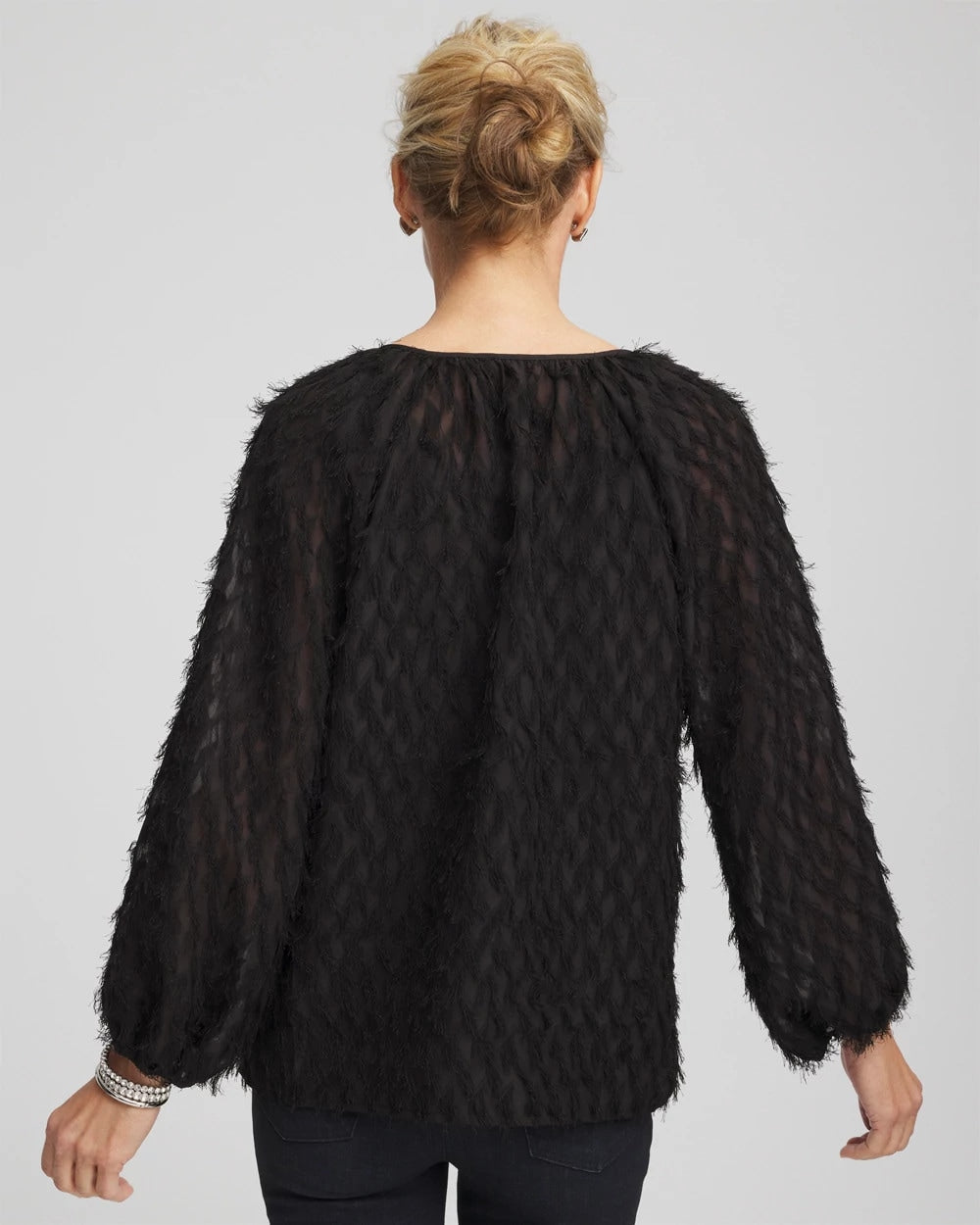 Chico's Feathered Pullover Peasant Blouse Black