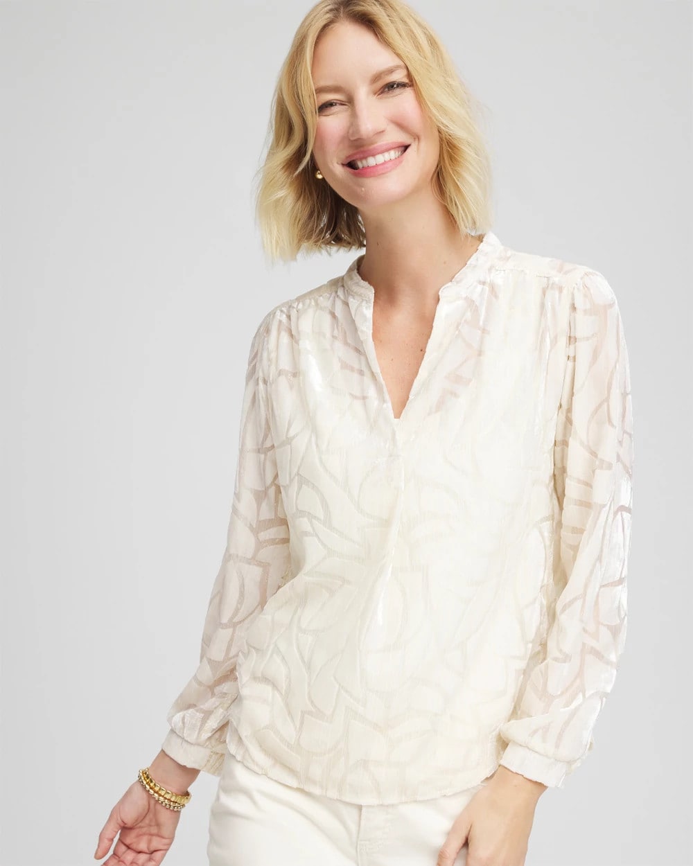 Chico's Cream Burnout Pullover Blouse English Cream
