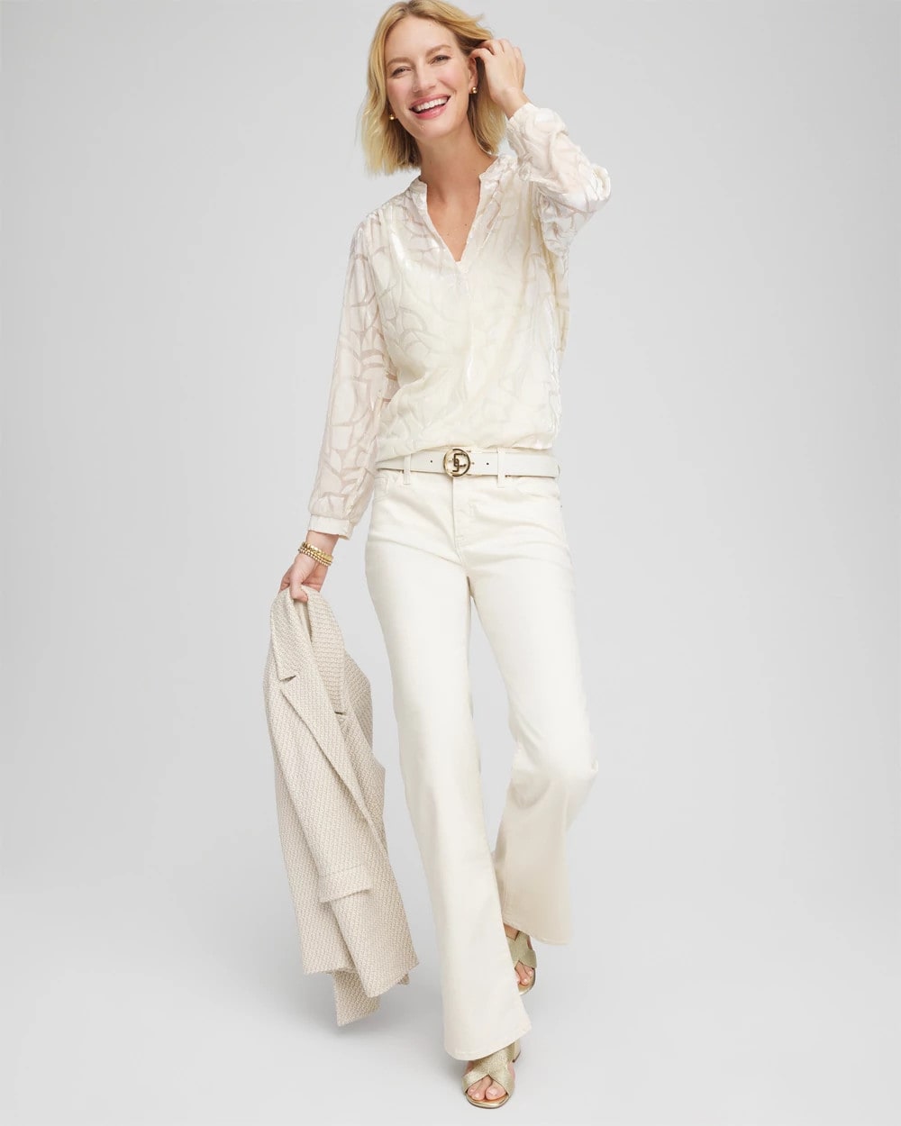 Chico's Cream Burnout Pullover Blouse English Cream