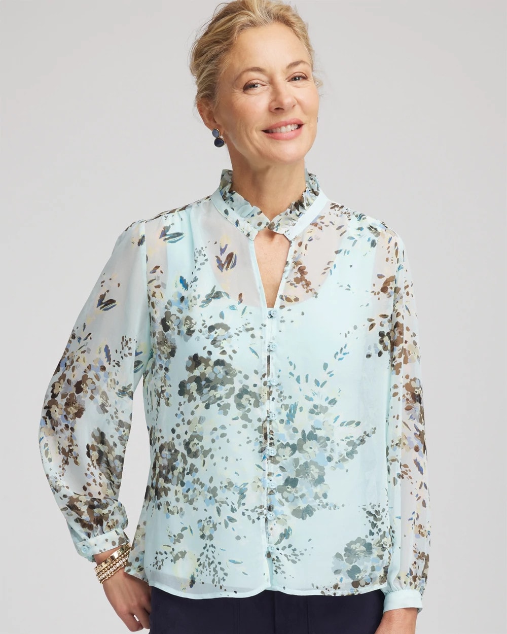 Chico's Floral Georgette Peasant Blouse Blue Menthe