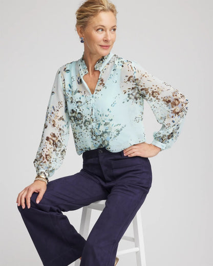 Chico's Floral Georgette Peasant Blouse Blue Menthe