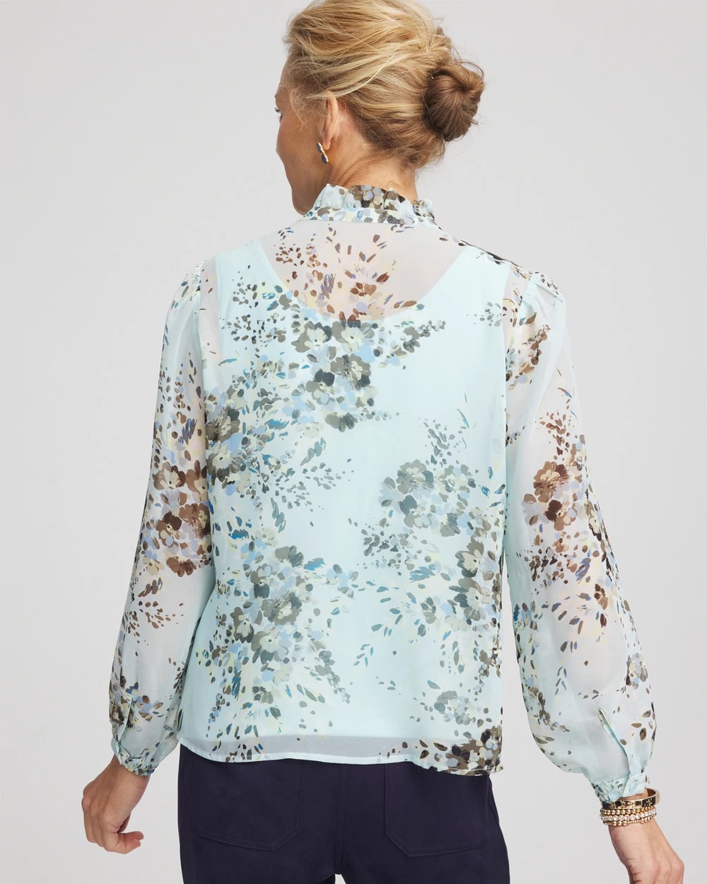 Chico's Floral Georgette Peasant Blouse Blue Menthe