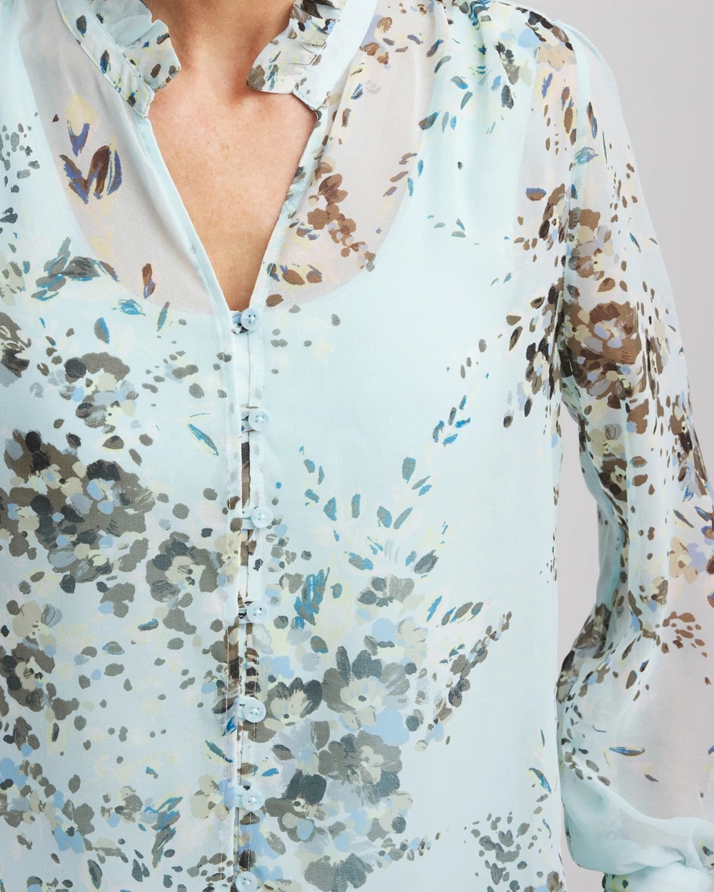 Chico's Floral Georgette Peasant Blouse Blue Menthe