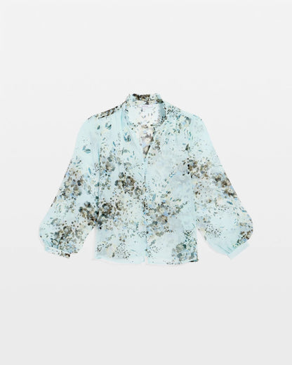 Chico's Floral Georgette Peasant Blouse Blue Menthe
