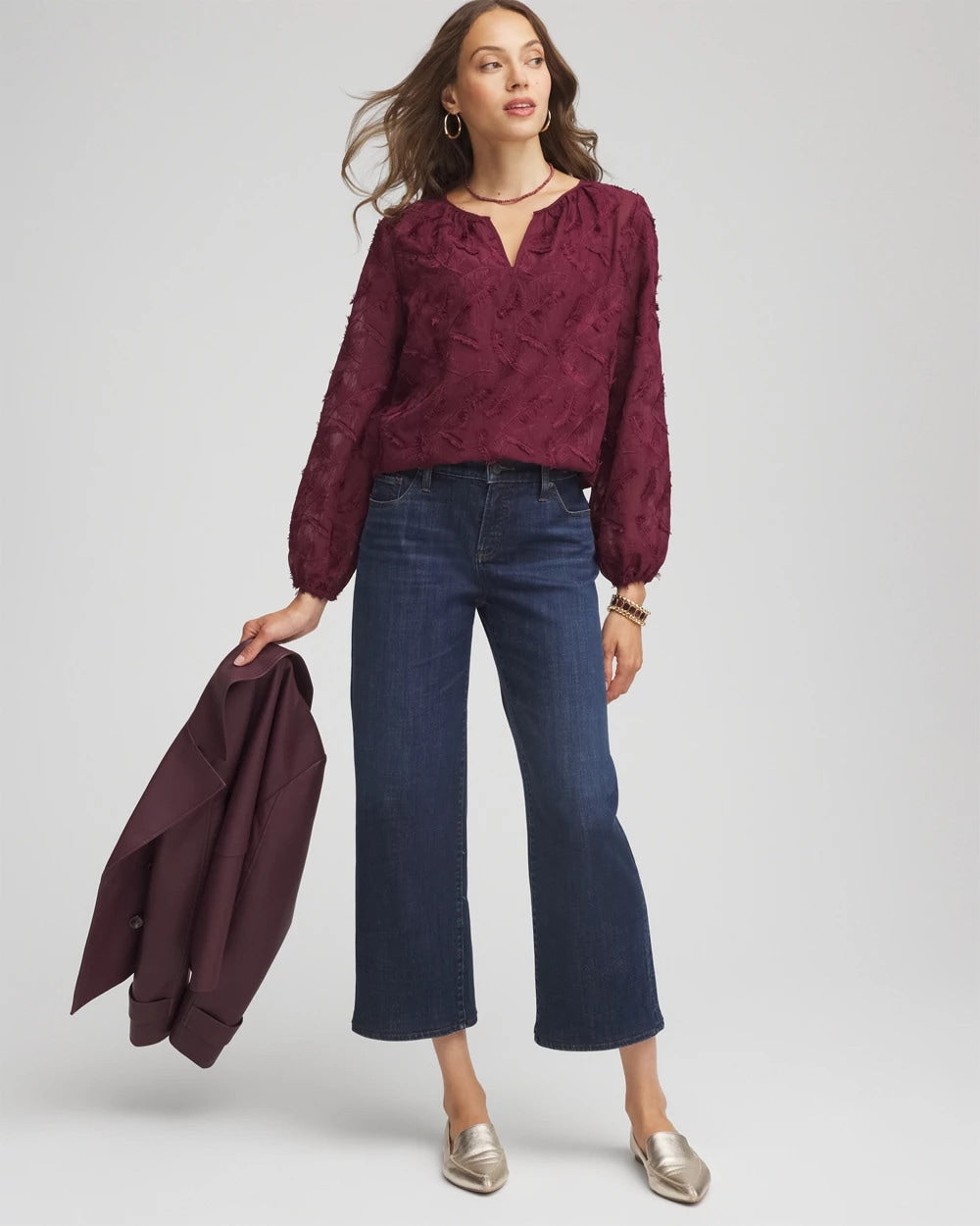 Chico's Feathered Pullover Peasant Blouse Deep Chianti