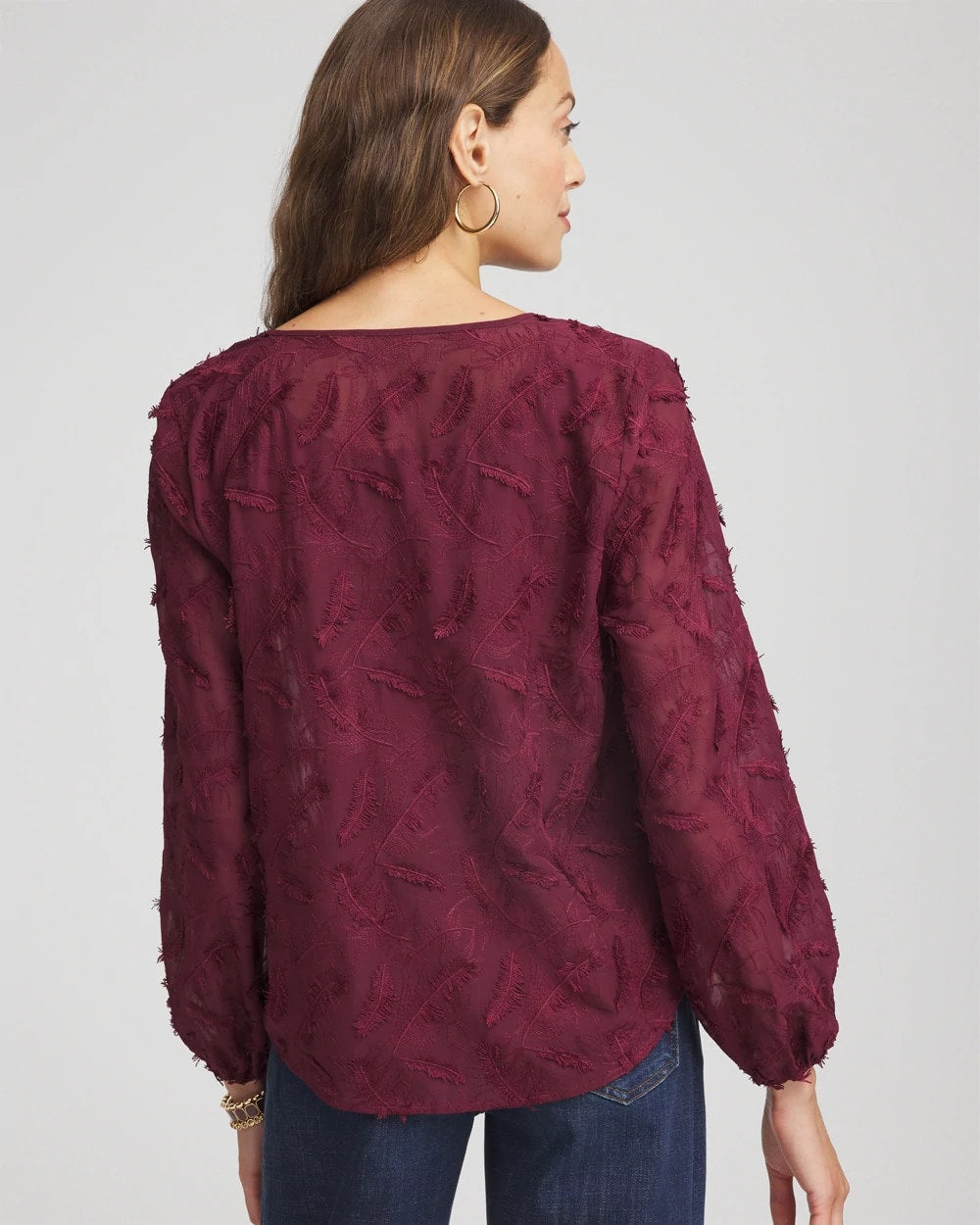 Chico's Feathered Pullover Peasant Blouse Deep Chianti