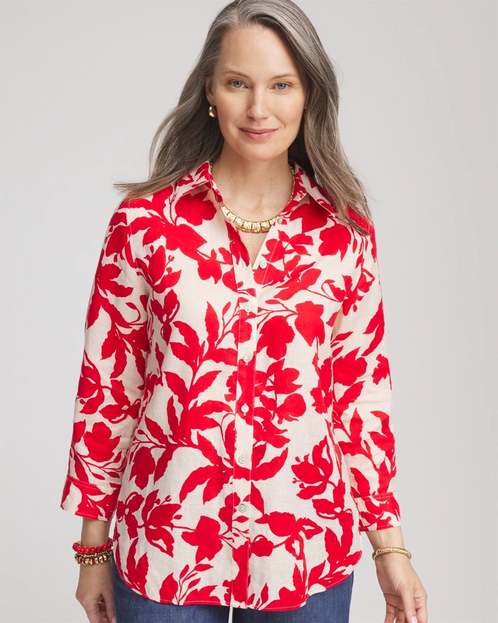 Chico's No Iron™ Floral Linen Shirt Red Glow