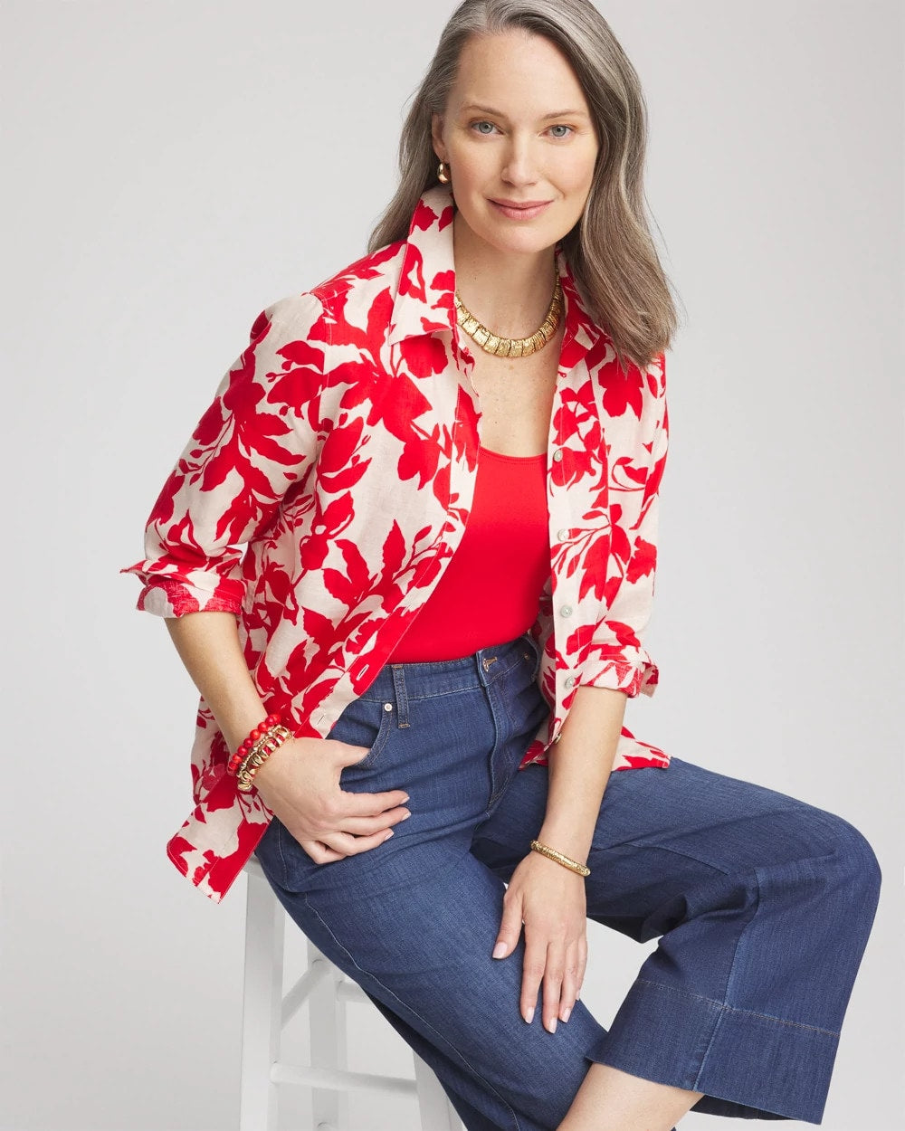 Chico's No Iron™ Floral Linen Shirt Red Glow
