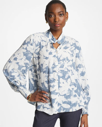 Chico's Faux Silk Mockneck Blouse Tidal Blue
