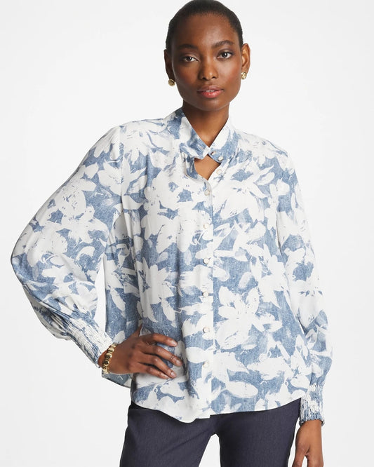 Chico's Faux Silk Mockneck Blouse Tidal Blue