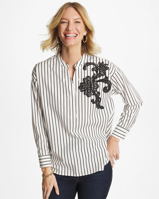 Chico's Striped Poplin Applique Tunic Black