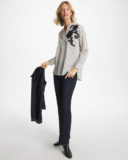 Chico's Striped Poplin Applique Tunic Black