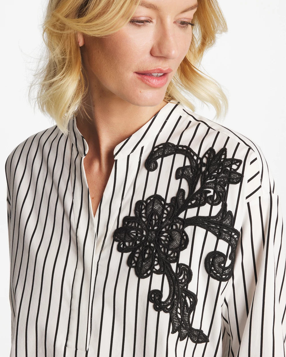 Chico's Striped Poplin Applique Tunic Black