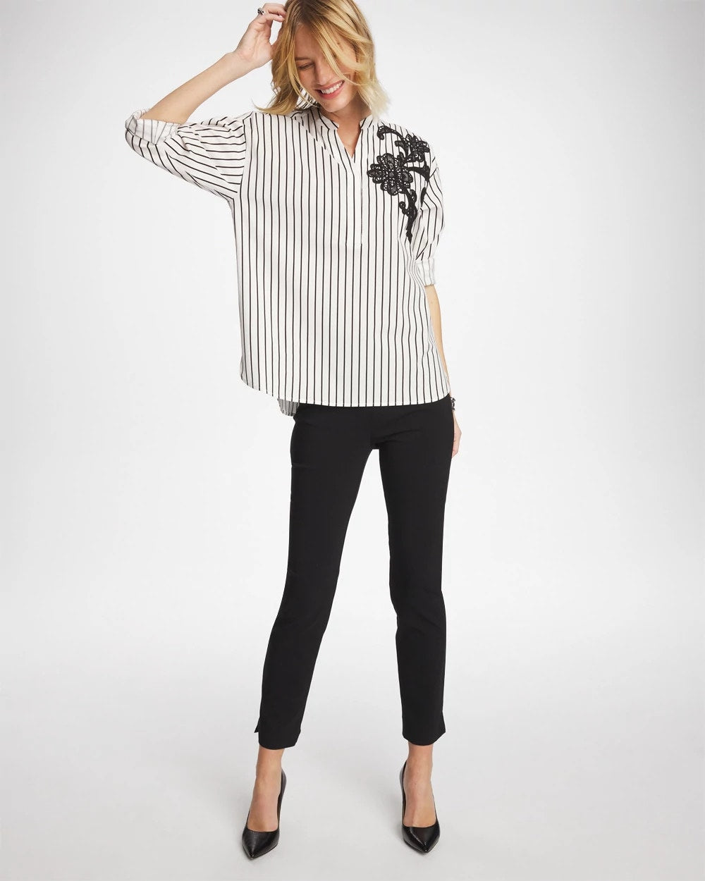 Chico's Striped Poplin Applique Tunic Black