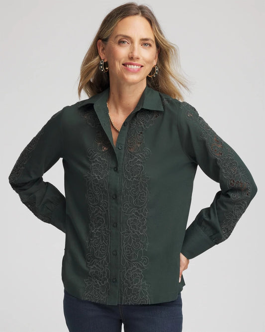 Chico's Lace Cotton Voile Shirt Darkest Spruce