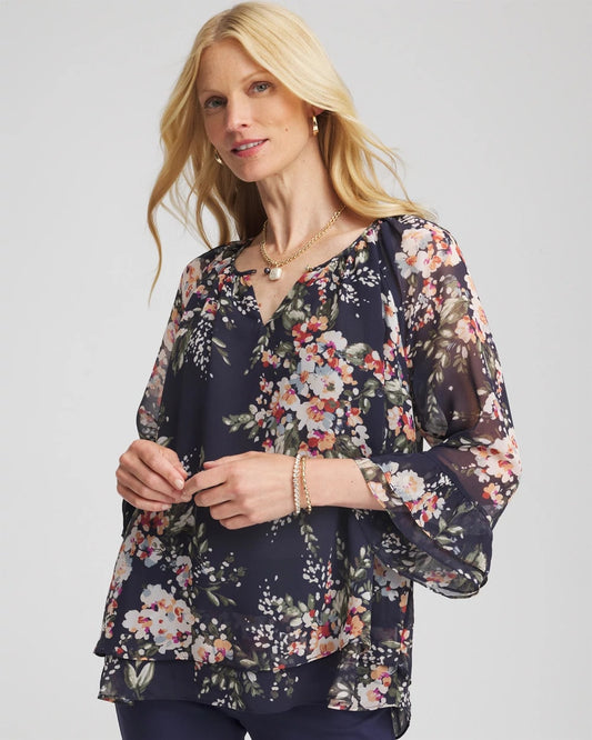 Chico's Floral Georgette Blouse Passport Blue