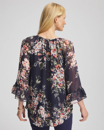 Chico's Floral Georgette Blouse Passport Blue