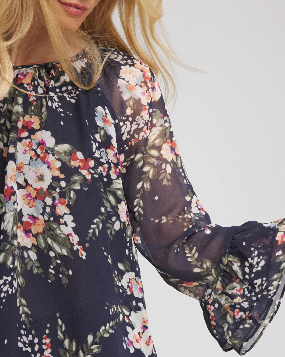 Chico's Floral Georgette Blouse Passport Blue