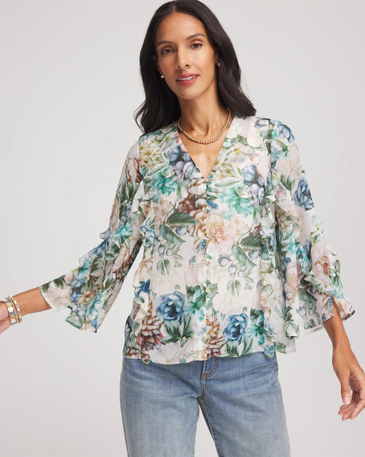 Chico's Georgette Ruffled V-Neck Blouse Rose Smoke