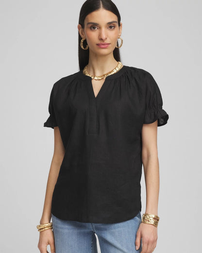 Chico's Linen Flutter-Sleeve Popover Top Black