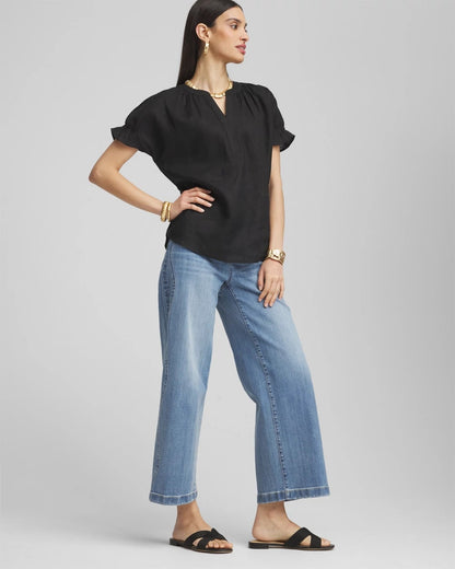 Chico's Linen Flutter-Sleeve Popover Top Black