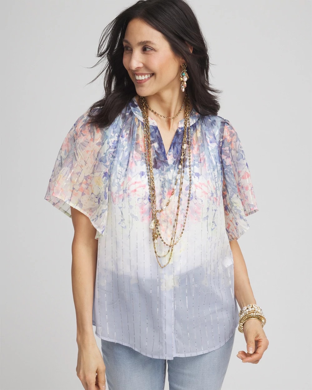 Chico's Jacquard Flutter-Sleeve Blouse Blue Pearl