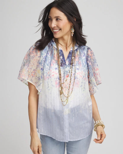 Chico's Jacquard Flutter-Sleeve Blouse Blue Pearl