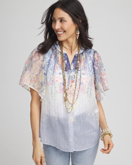 Chico's Jacquard Flutter-Sleeve Blouse Blue Pearl