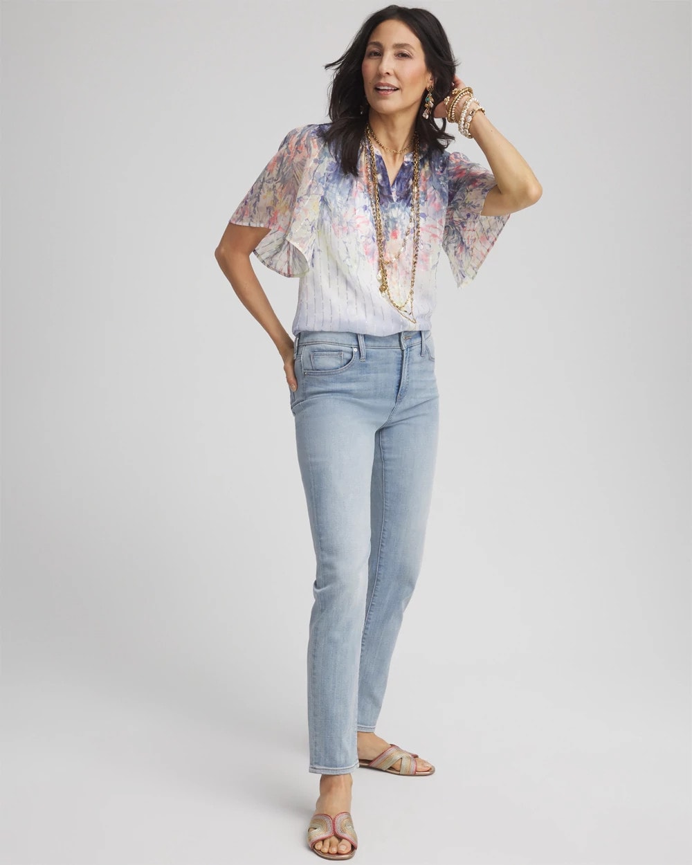 Chico's Jacquard Flutter-Sleeve Blouse Blue Pearl
