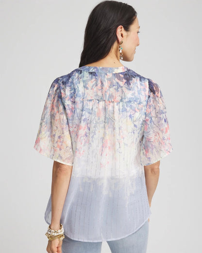 Chico's Jacquard Flutter-Sleeve Blouse Blue Pearl