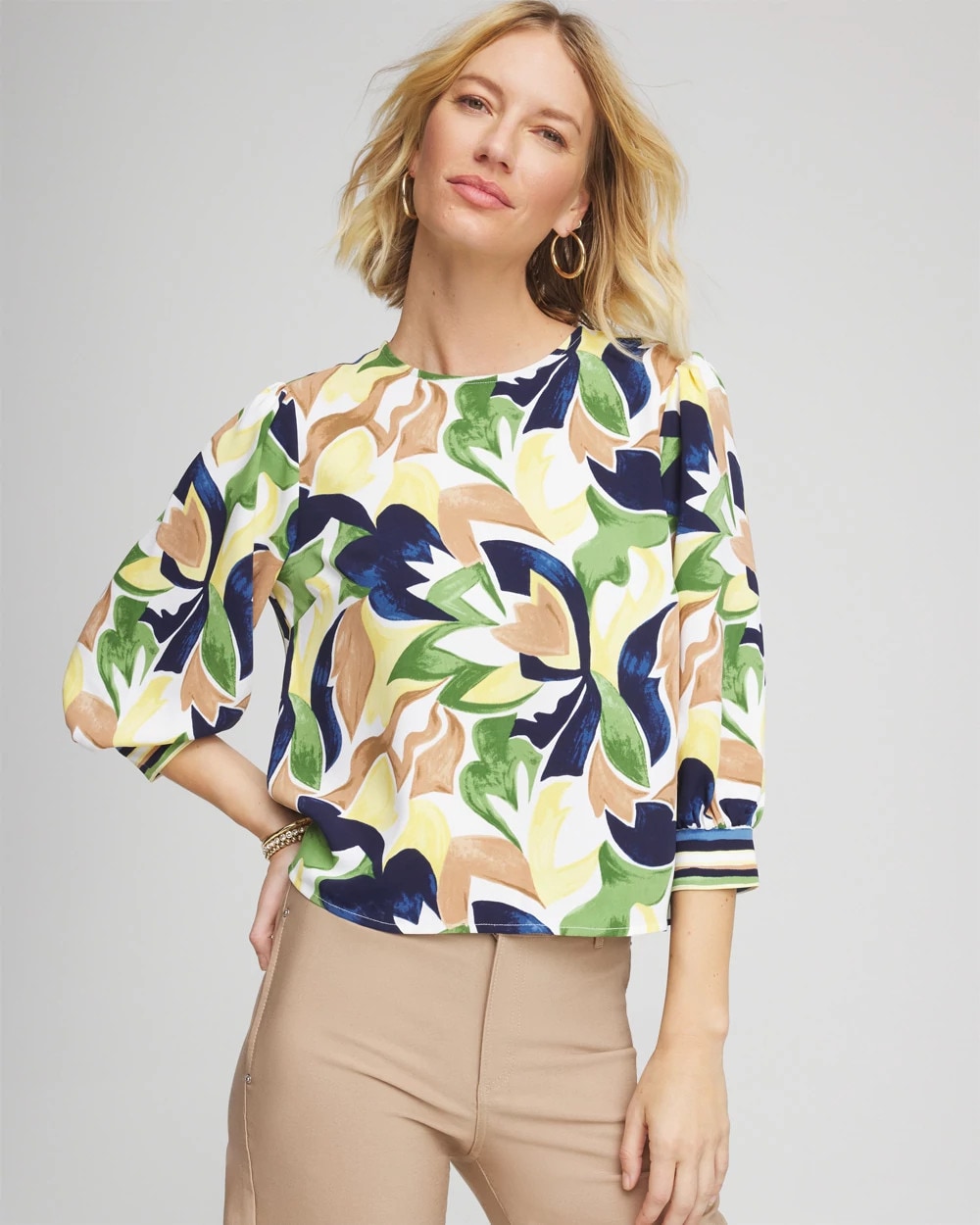 Chico's Mod Blooms Matte Satin Pullover Panna Cotta