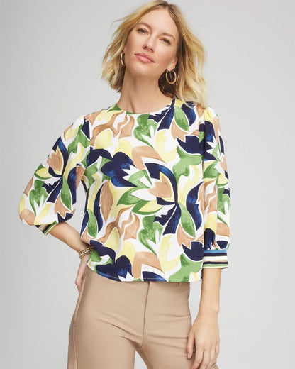 Chico's Mod Blooms Matte Satin Pullover Panna Cotta