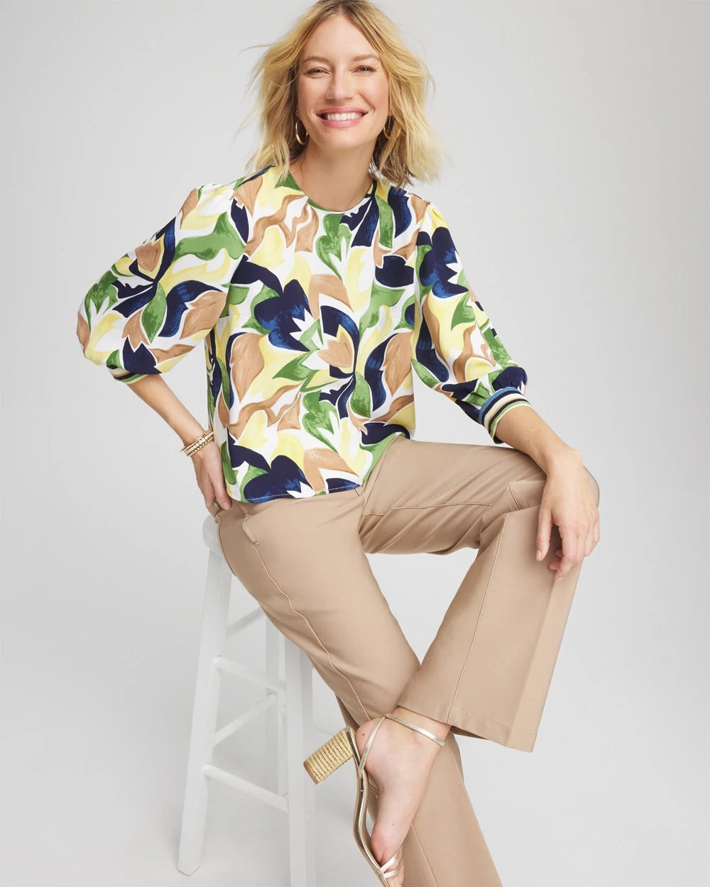 Chico's Mod Blooms Matte Satin Pullover Panna Cotta