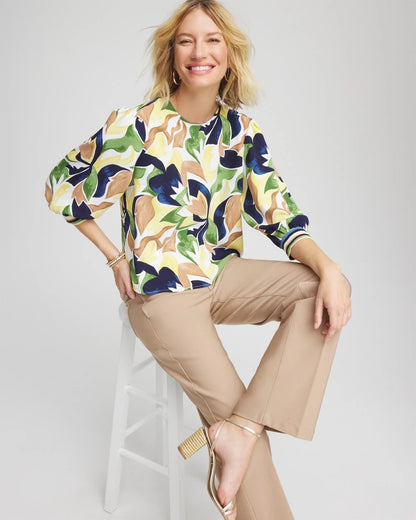 Chico's Mod Blooms Matte Satin Pullover Panna Cotta