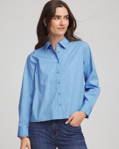 Chico's Embellished Stretch Cotton Collared Shirt Tidal Blue