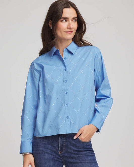 Chico's Embellished Stretch Cotton Collared Shirt Tidal Blue