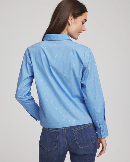 Chico's Embellished Stretch Cotton Collared Shirt Tidal Blue