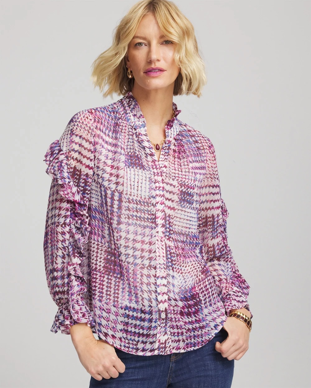 Chico's Gingham-Print Georgette Blouse Gooseberry