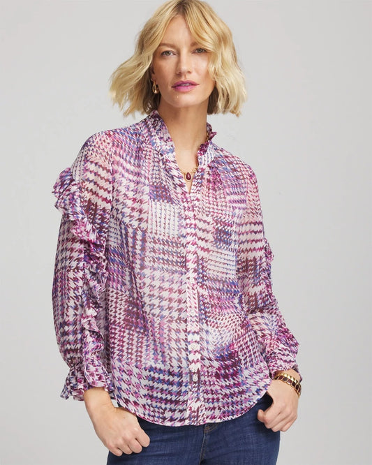 Chico's Gingham-Print Georgette Blouse Gooseberry