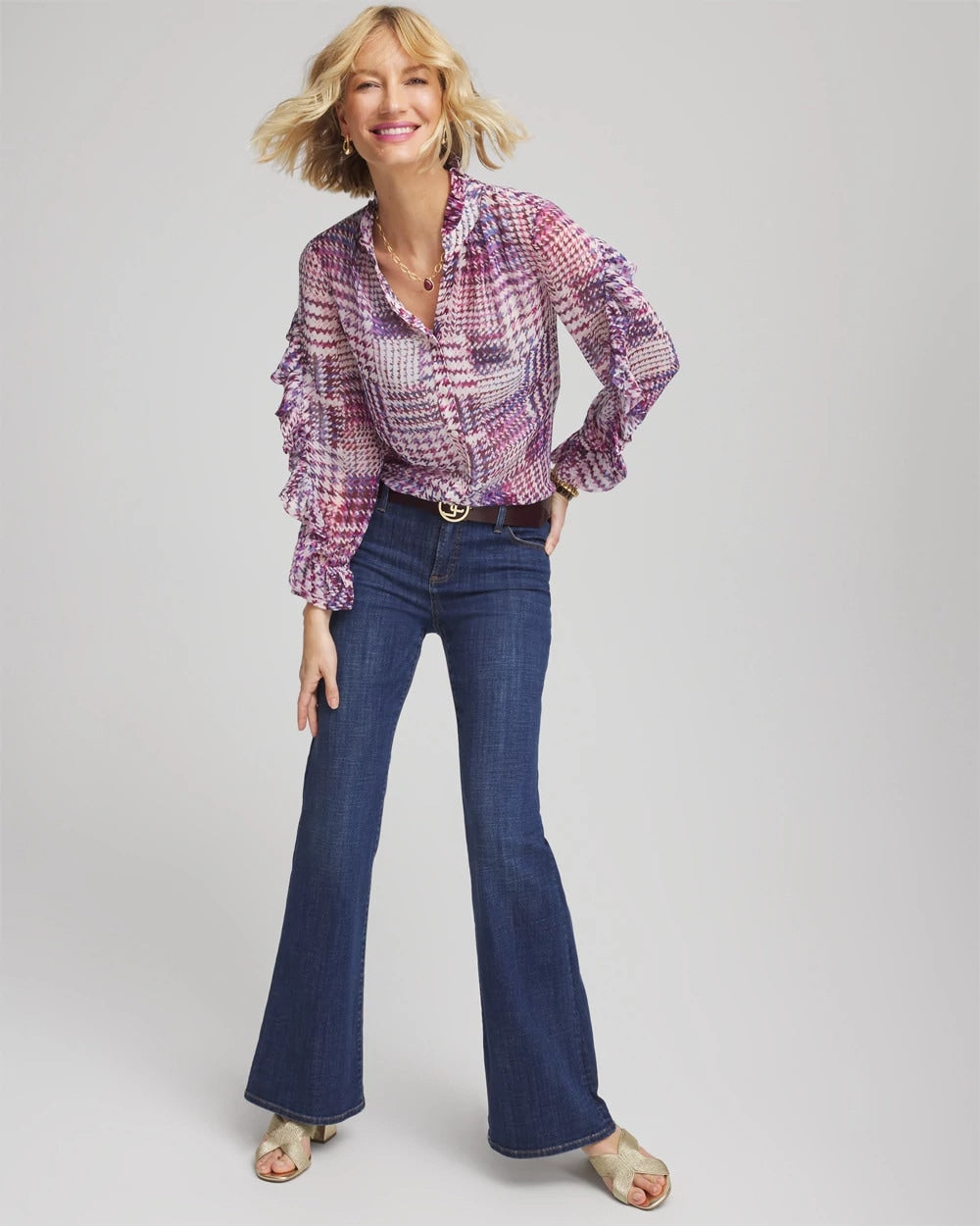 Chico's Gingham-Print Georgette Blouse Gooseberry