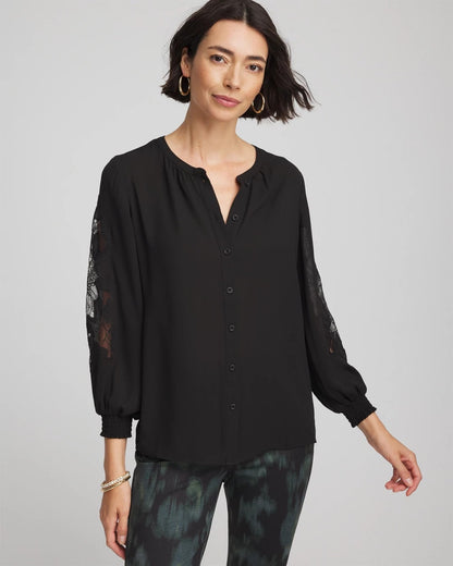 Chico's Crepe Banded Collar Blouse Black