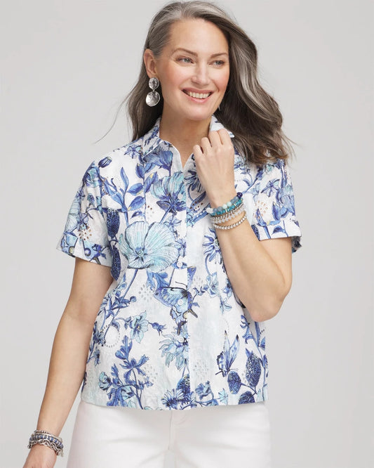 Chico's Butterfly Voile Short Sleeve Shirt Lush Iris