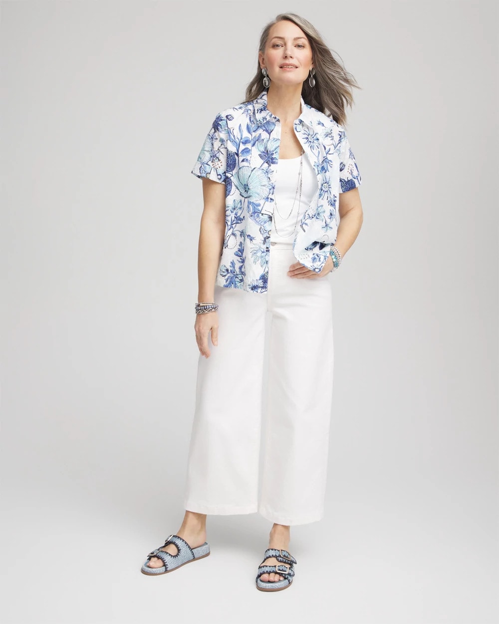 Chico's Butterfly Voile Short Sleeve Shirt Lush Iris