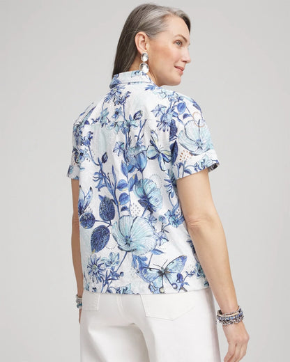 Chico's Butterfly Voile Short Sleeve Shirt Lush Iris