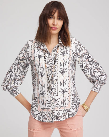 Chico's Faux Silk Floral Collared Shirt French Blush